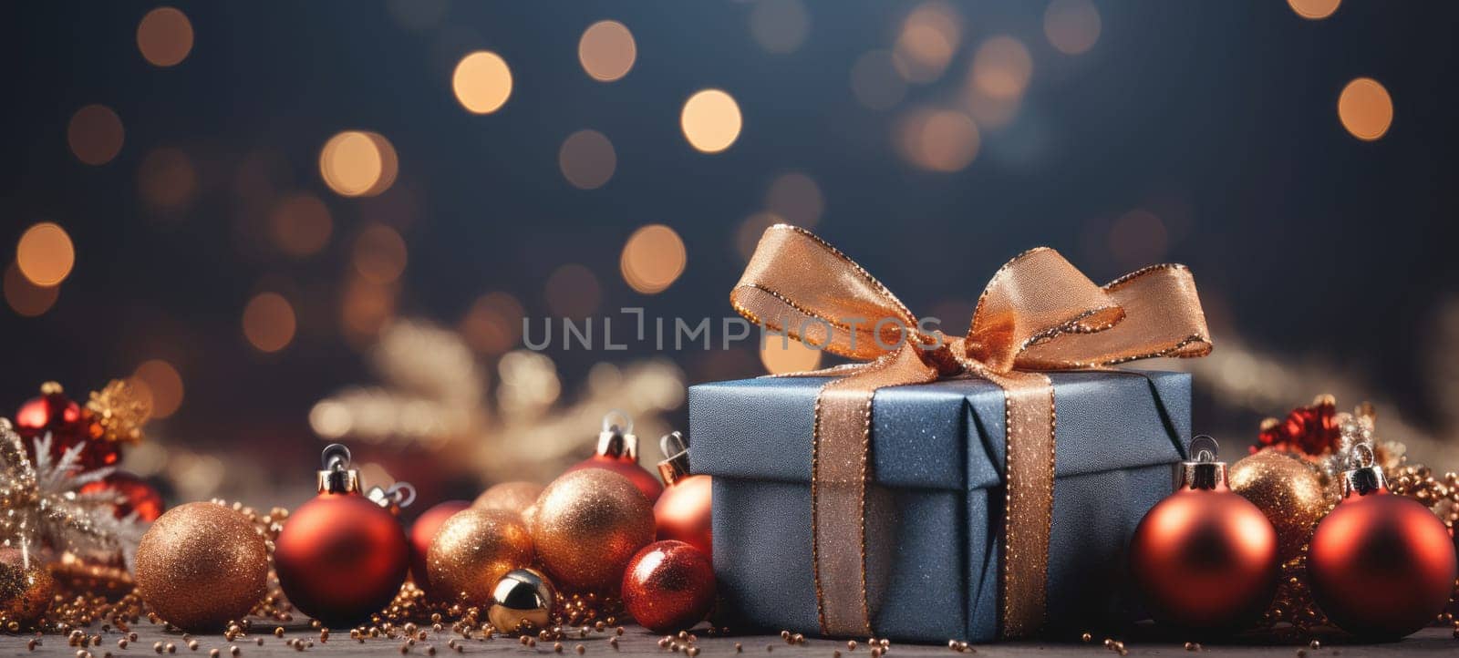Christmas and New Year background - gift boxes and toys on a background of bokeh garlands by NataliPopova