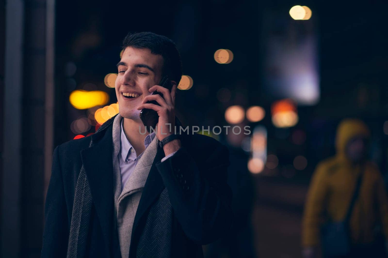 Smiling Meedle Eastern man walking down street near modern office building, by dotshock