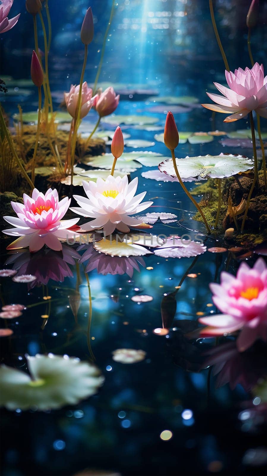 Magical pink water lily by night, lotus flower Orange Sunset in the garden pond. Close-up of Nymphaea reflected in water. Flower landscape for nature wallpaper. Vertical background copy space. Sparkling bokeh lights. Lotus flower magic beauty