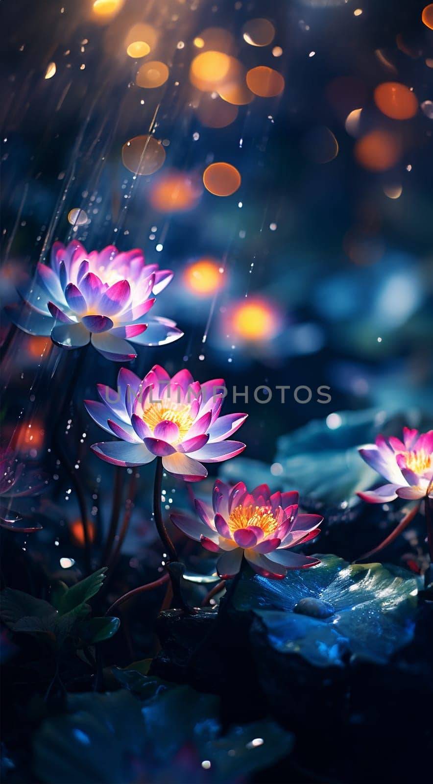 Magical pink water lily by night, lotus flower Orange Sunset in the garden pond. Close-up of Nymphaea reflected in water. Flower landscape for nature wallpaper. Vertical background copy space. Sparkling bokeh lights. Lotus flower magic by Annebel146