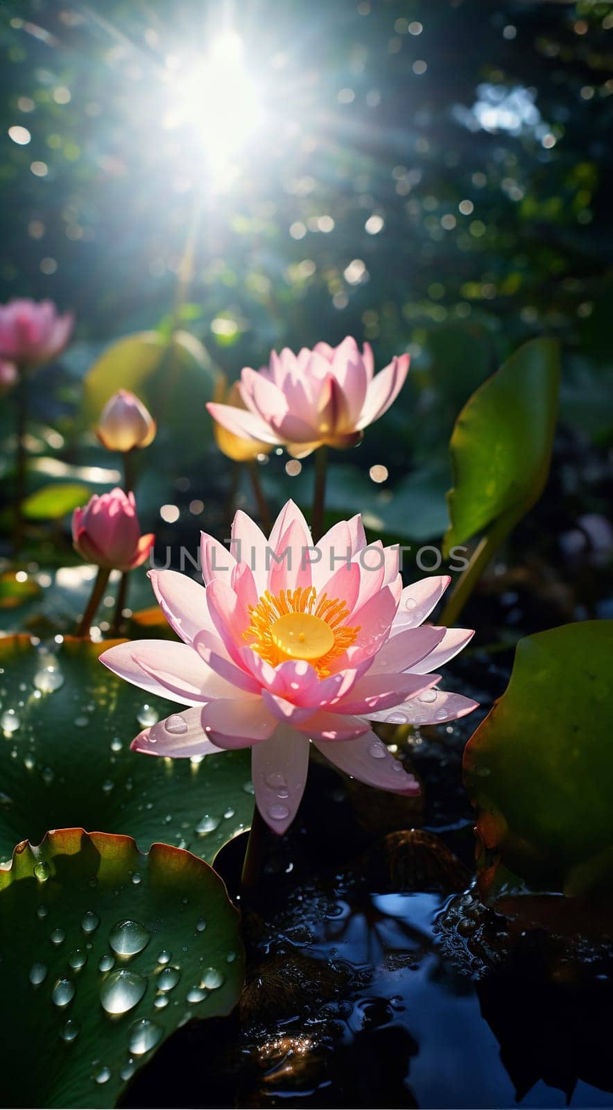 Magical pink water lily by night, lotus flower Orange Sunset in the garden pond. Close-up of Nymphaea reflected in water. Flower landscape for nature wallpaper. Vertical background copy space. Sparkling bokeh lights. Lotus flower magic by Annebel146