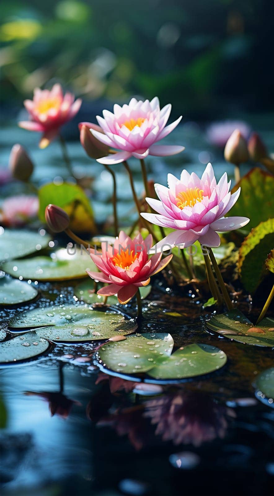 Magical pink water lily by night, lotus flower Orange Sunset in the garden pond. Close-up of Nymphaea reflected in water. Flower landscape for nature wallpaper. Vertical background copy space. Sparkling bokeh lights. Lotus flower magic beauty