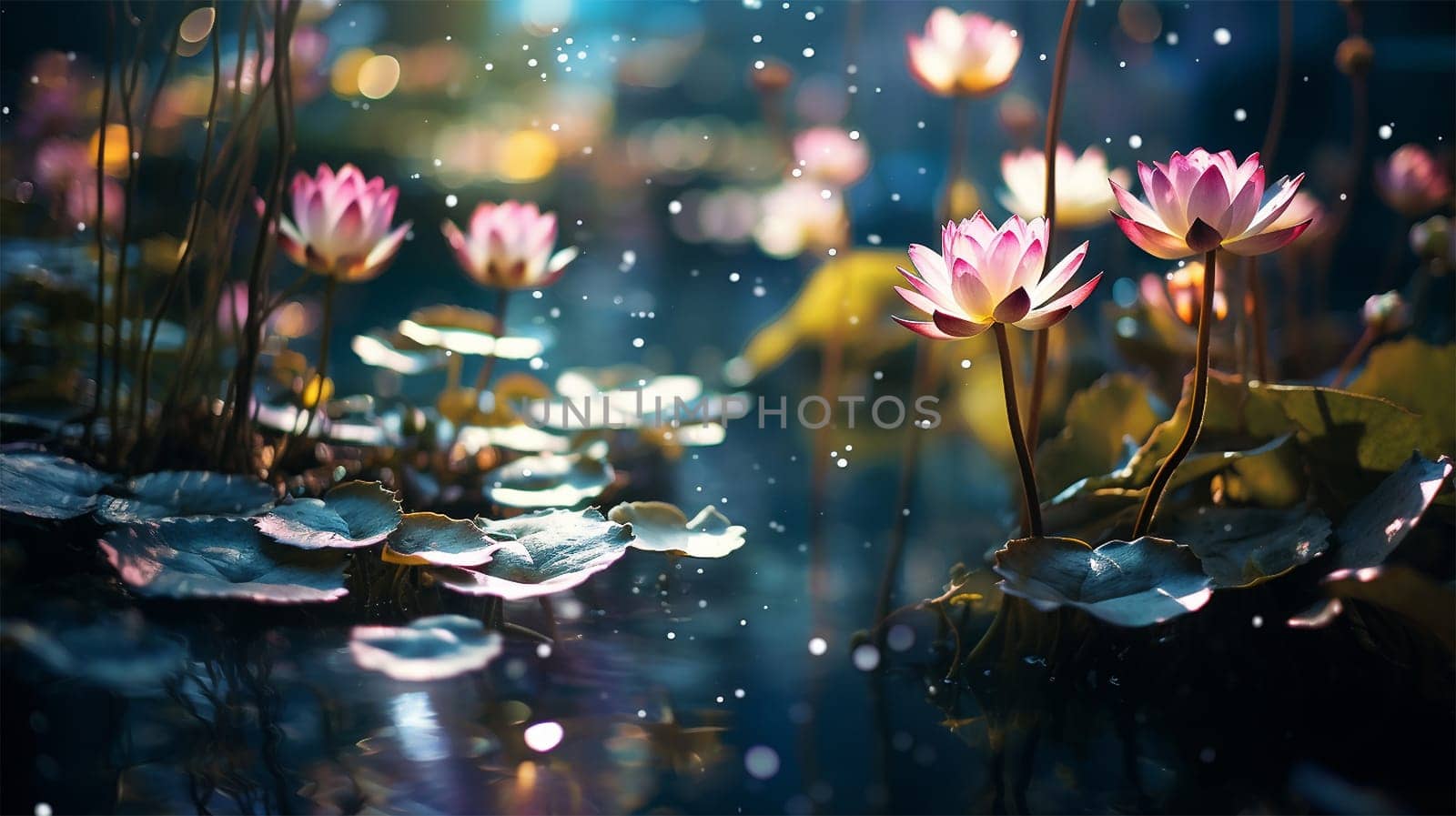 Magical pink water lily by night, lotus flower Orange Sunset in the garden pond. Close-up of Nymphaea reflected in water. Flower landscape for nature wallpaper. background copy space. Sparkling bokeh lights. Lotus flower magic beauty