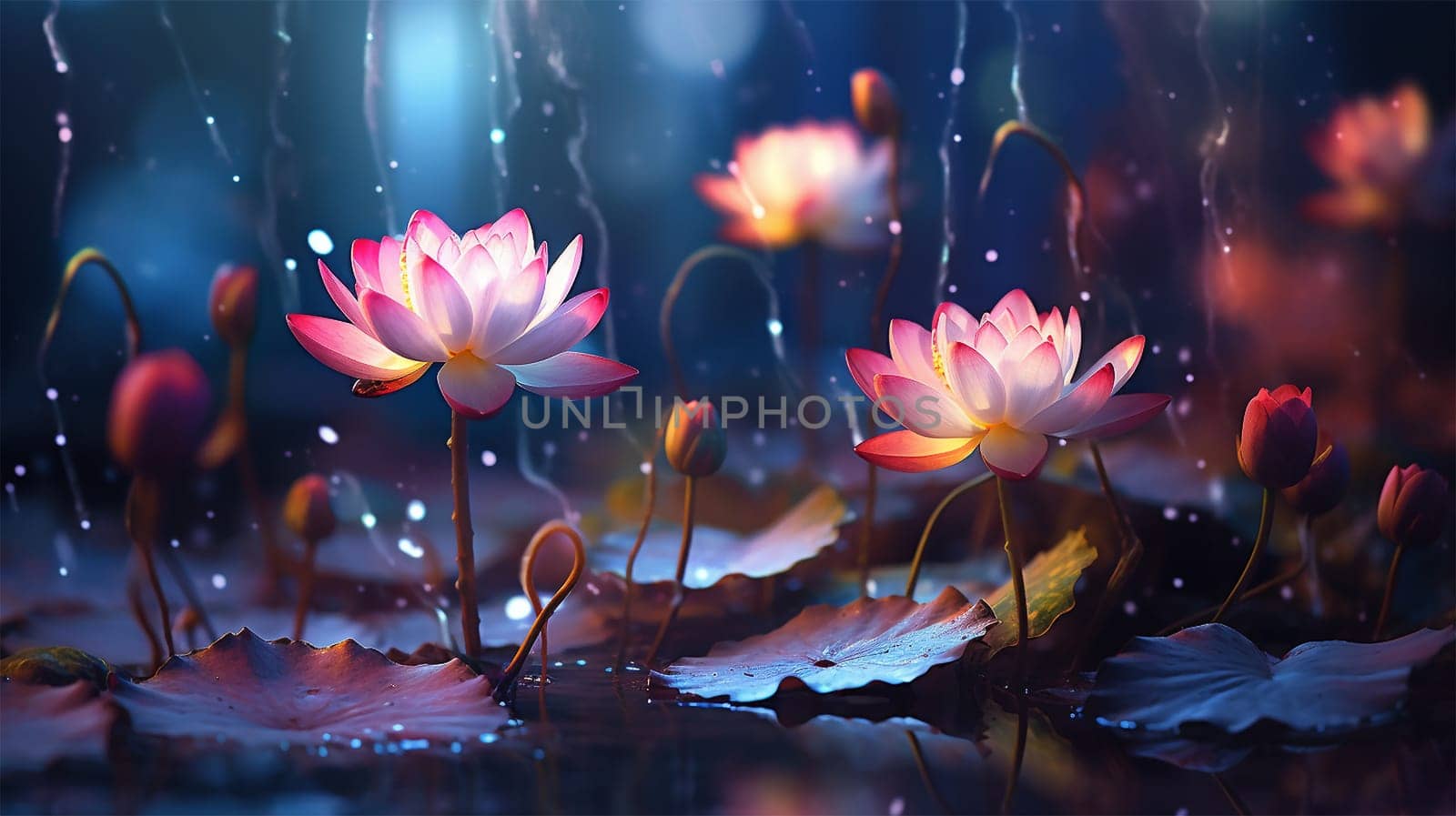 Magical pink water lily by night, lotus flower Orange Sunset in the garden pond. Close-up of Nymphaea reflected in water. Flower landscape for nature wallpaper. background copy space. Sparkling bokeh lights. Lotus flower magic by Annebel146