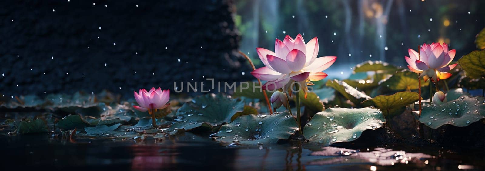 Magical pink water lily by night, lotus flower Orange Sunset in the garden pond. Close-up of Nymphaea reflected in water. Flower landscape for nature wallpaper. background copy space. Sparkling bokeh lights. Lotus flower magic by Annebel146