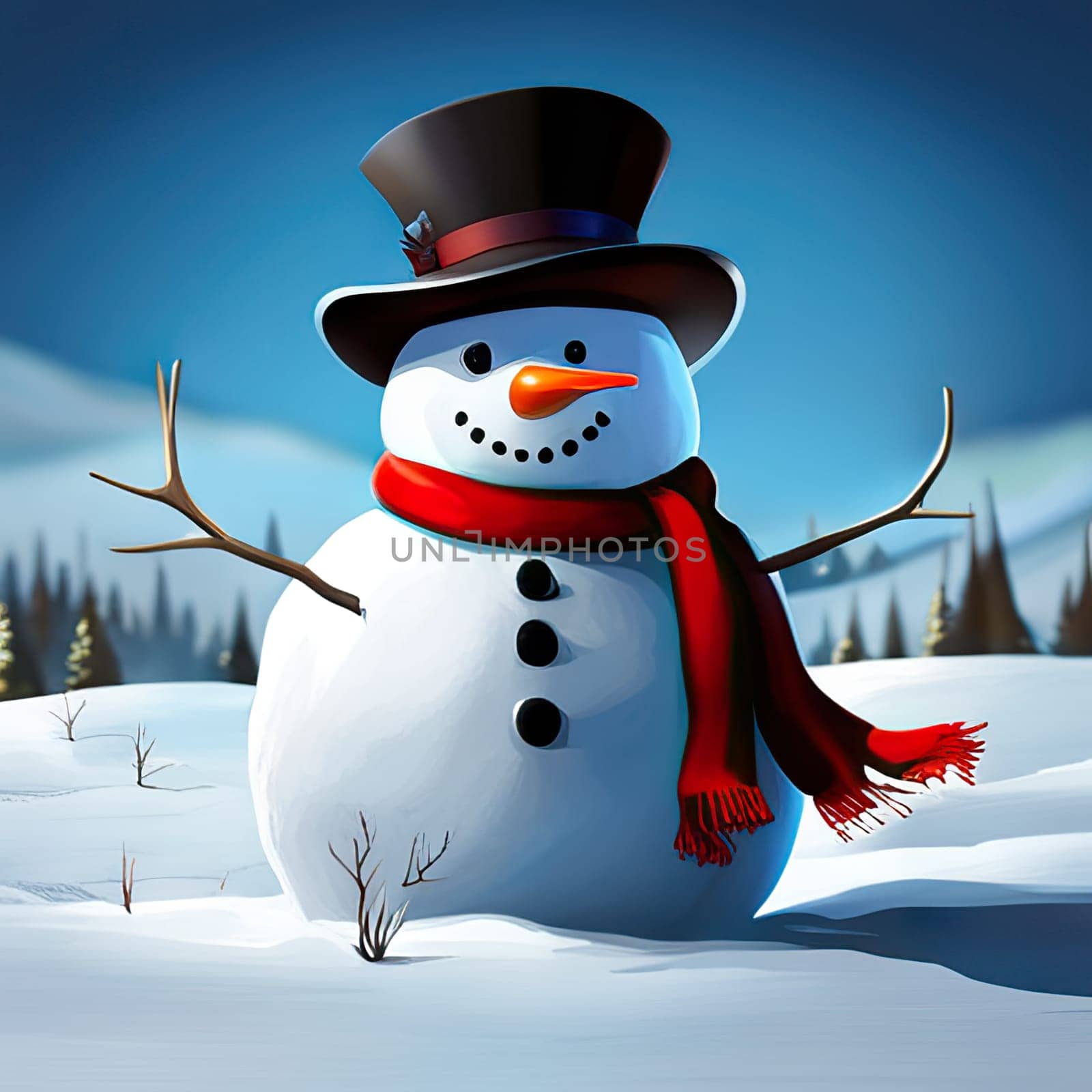 Nice snowman wearing a carrot nose, red scarf and hat while smiling