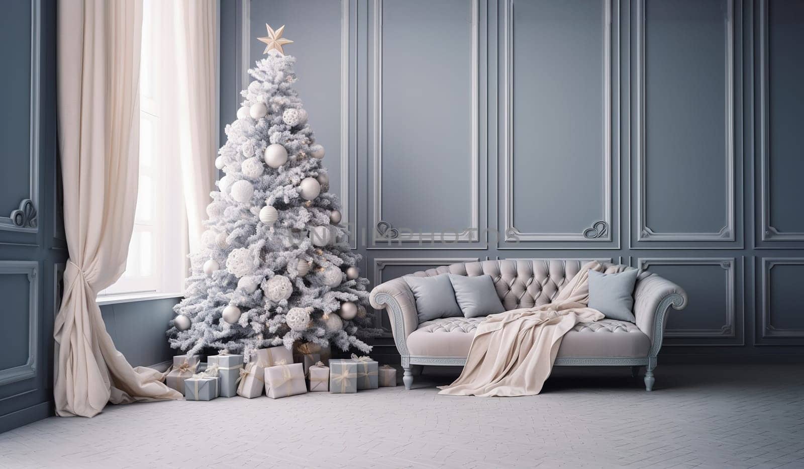 Christmas tree in minimalist trends in the color of a pastel gray-blue interior, wrapped gifts under the tree, a large cozy chair, a large luxurious window in the interior, High quality photo