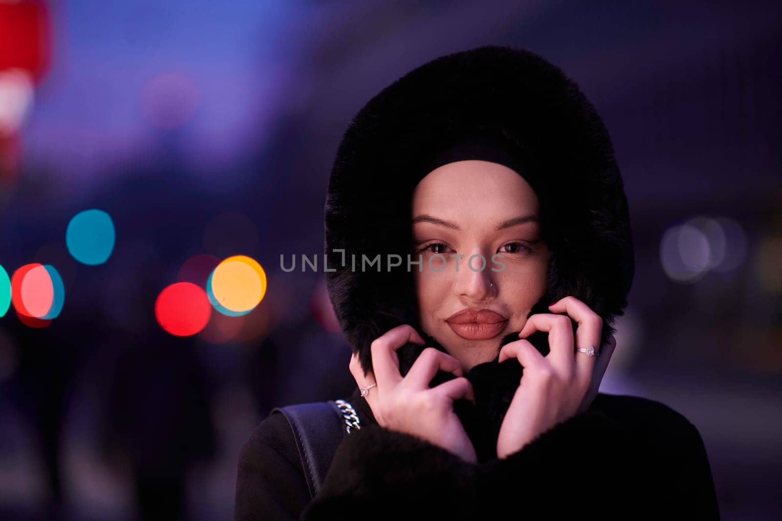 Muslim woman walking on an urban city street on a cold winter night wearing hijab by dotshock