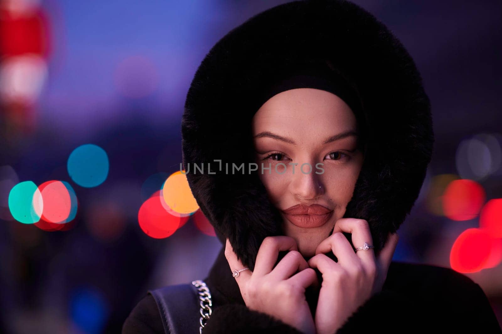 Muslim woman walking on an urban city street on a cold winter night wearing hijab with bokeh city lights in the background