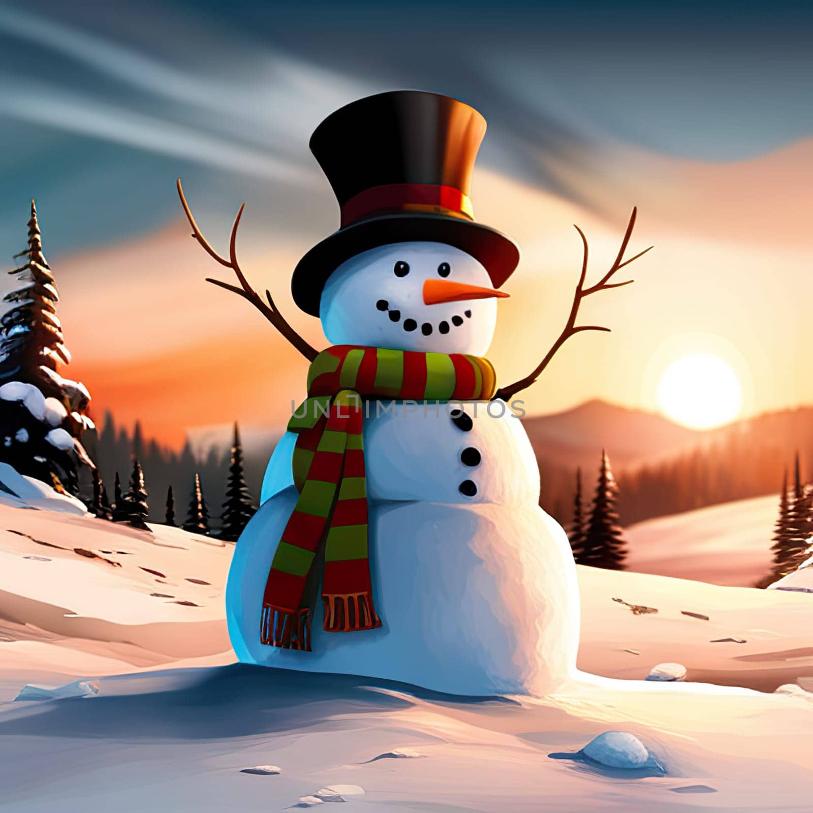 Happy snowman on winter background, concept of Christmas and new year