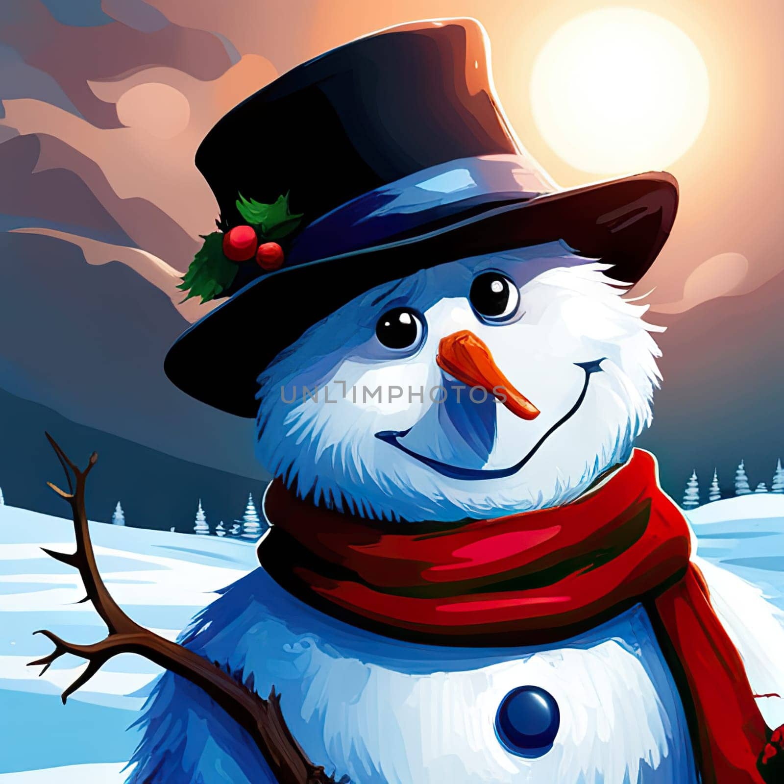 Nice snowman wearing a carrot nose, red scarf and hat while smiling