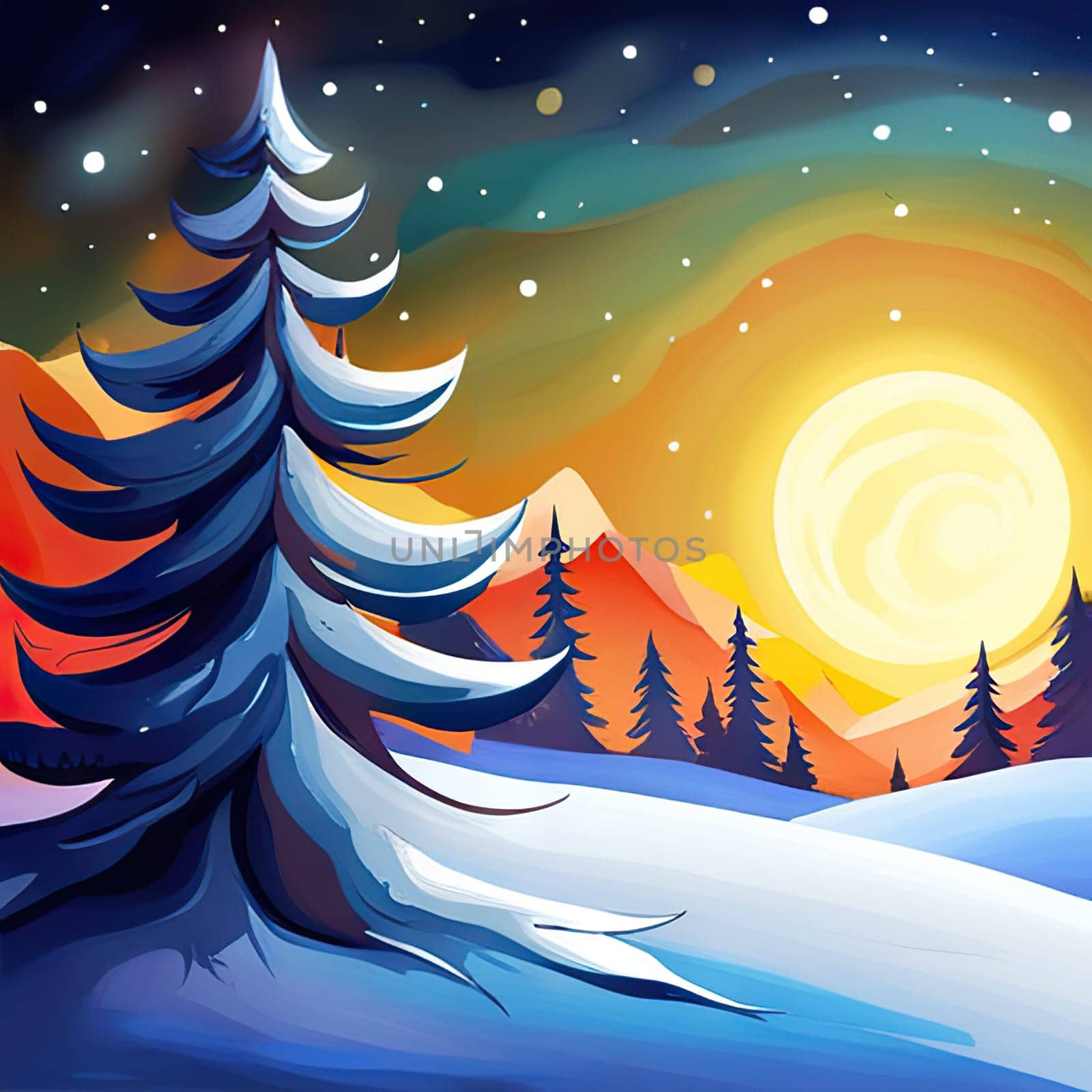 Christmas background with trees in winter evening