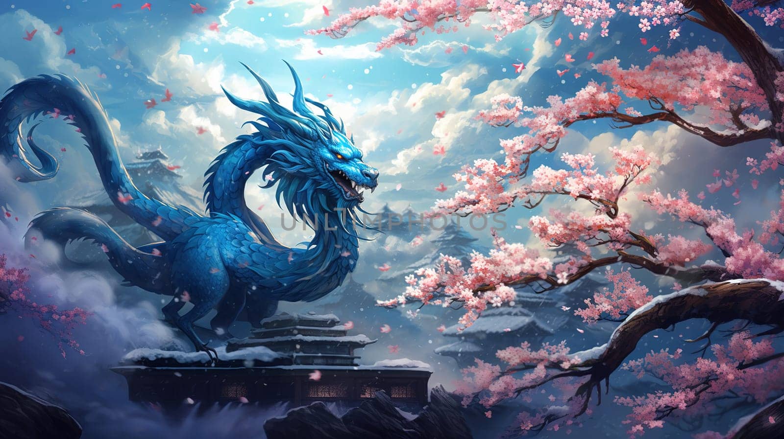 Illustration of a large blue dragon soaring over the city, Chinese lunar calendar, festival of awakening the dragon bringing rain, Zhonghe Blue Dragon Festival. High quality illustration