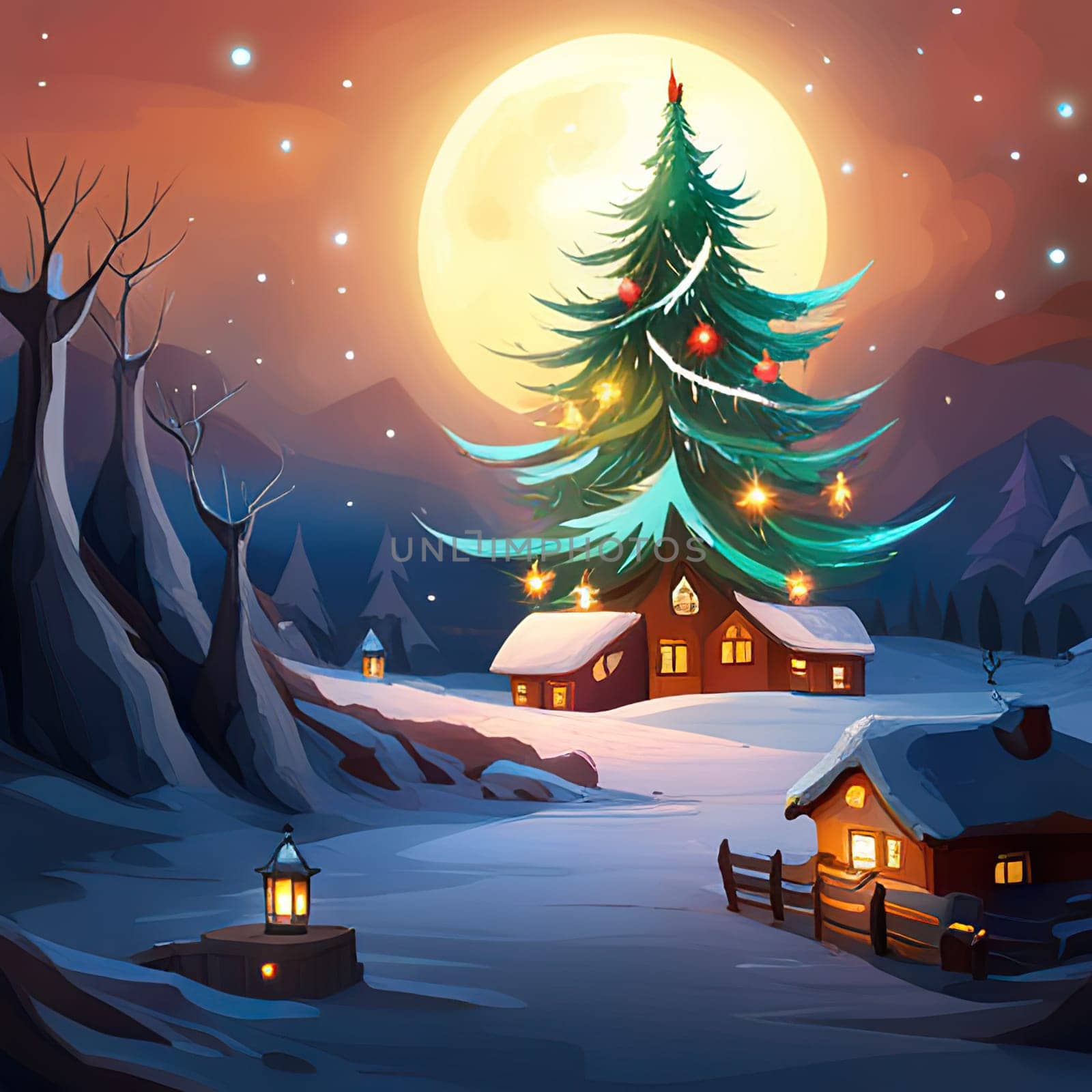 Merry Christmas and New Year holiday background with christmas tree and and winter village.