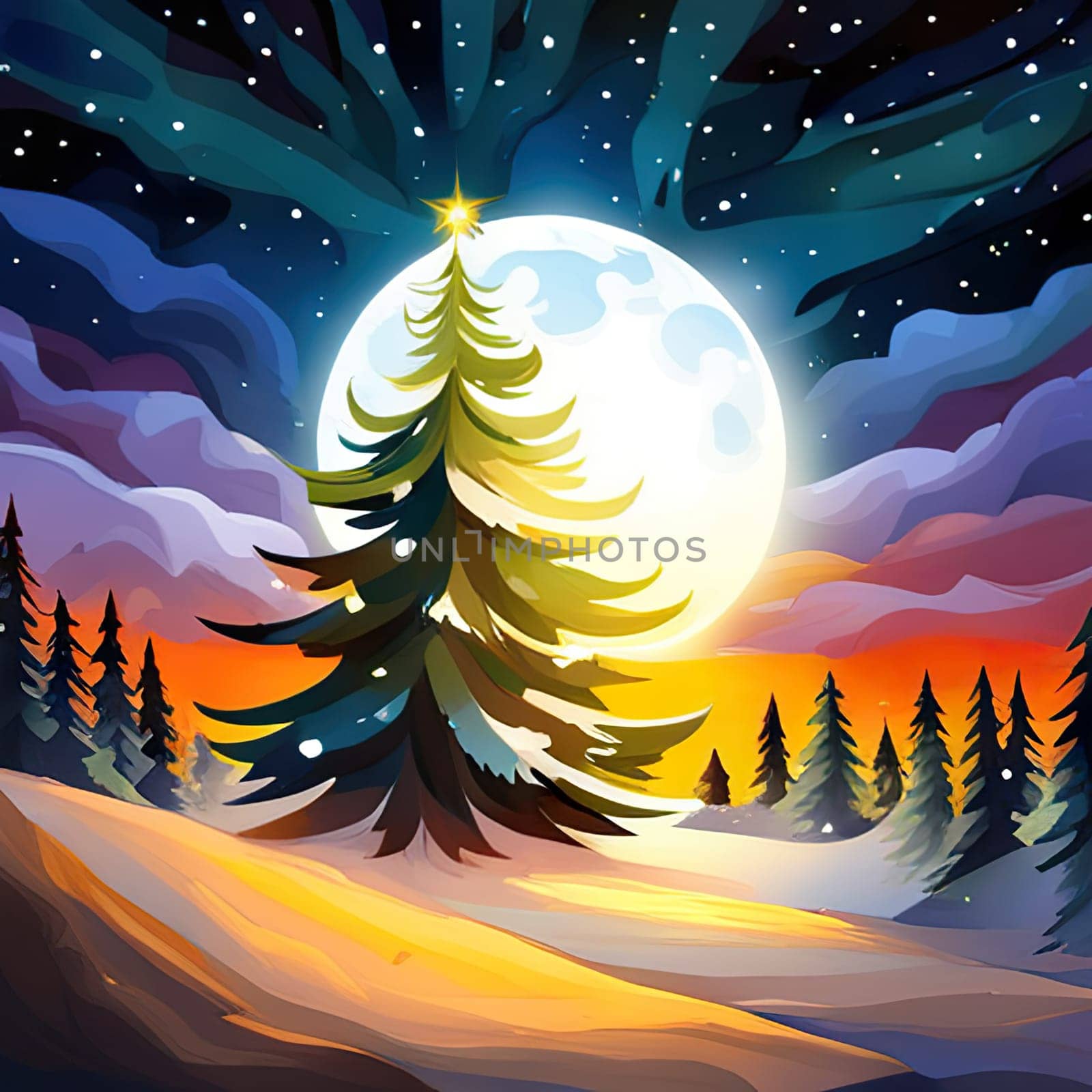 Christmas background with trees in winter evening