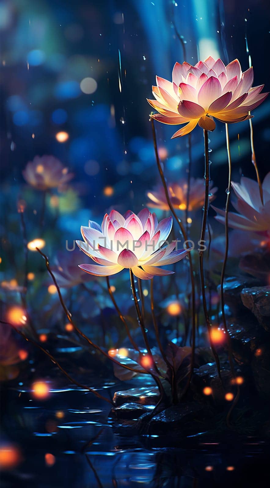 Magical pink water lily by night, lotus flower Orange Sunset in the garden pond. Close-up of Nymphaea reflected in water. Flower landscape for nature wallpaper. Vertical background copy space. Sparkling bokeh lights. Lotus flower magic beauty