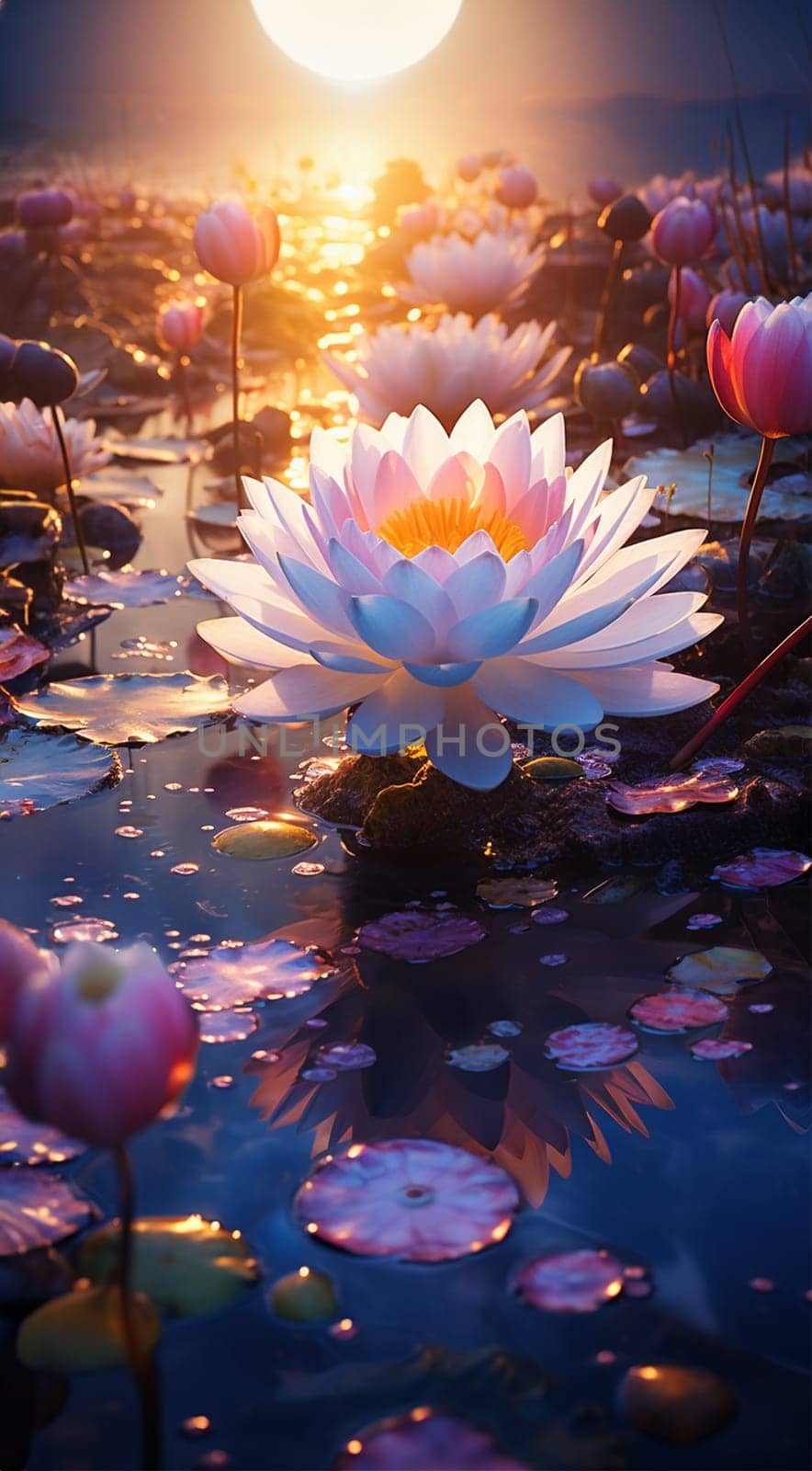 Magical pink water lily by night, lotus flower Orange Sunset in the garden pond. Close-up of Nymphaea reflected in water. Flower landscape for nature wallpaper. Vertical background copy space. Sparkling bokeh lights. Lotus flower magic by Annebel146