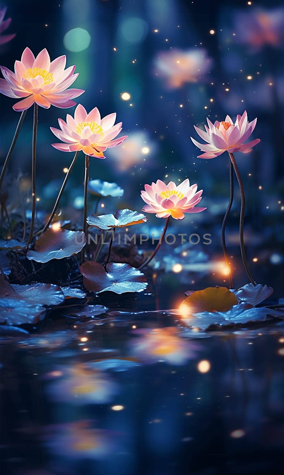 Magical pink water lily by night, lotus flower Orange Sunset in the garden pond. Close-up of Nymphaea reflected in water. Flower landscape for nature wallpaper. Vertical background copy space. Sparkling bokeh lights. Lotus flower magic beauty