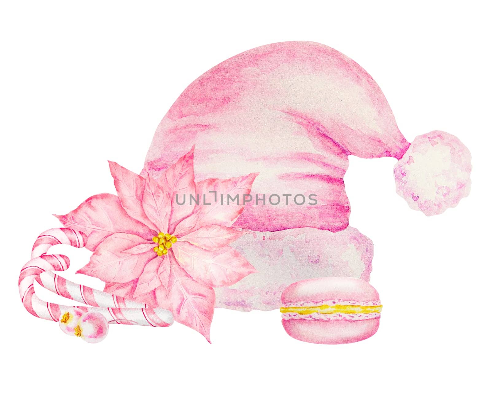 Pink poinsettia, Santa Claus hat berries, New Year's candy canes, macaron. Watercolor hand drawn clip art with Christmas star. Winter symbol for holiday season prints, greeting cards, banner, invitation, posters