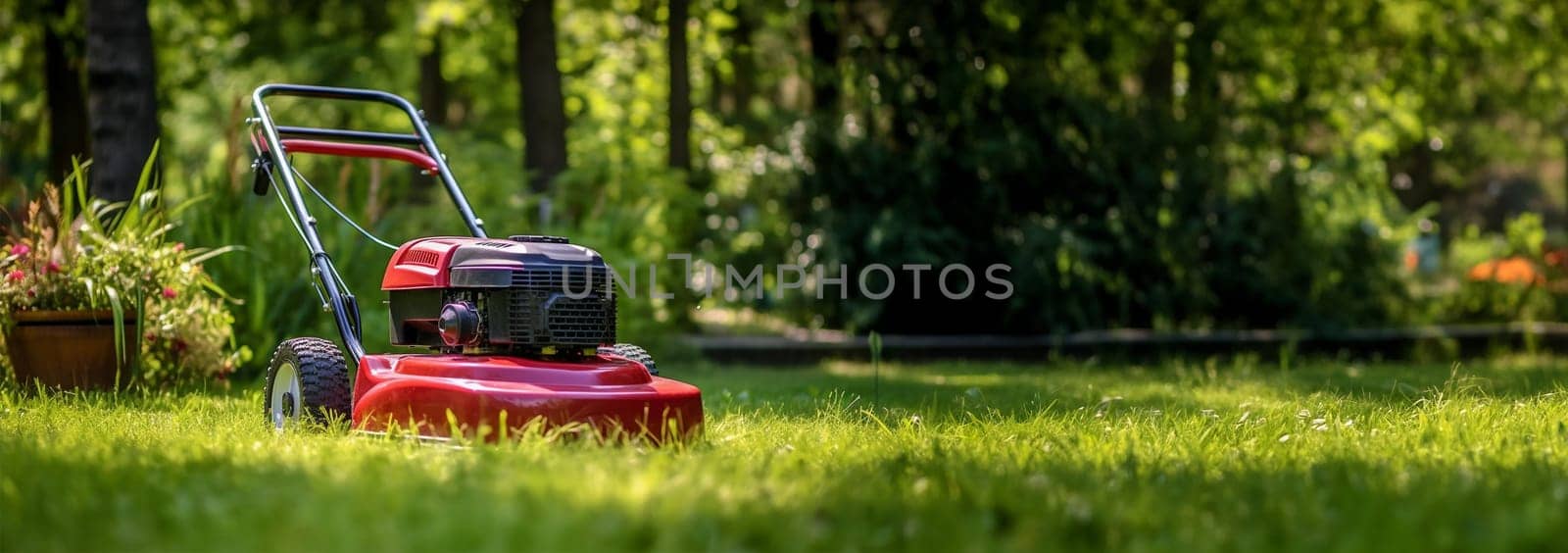 Lawn mover on green grass in modern garden. Machine for cutting lawns in the autumn. copy space Lawn robot. Space for text