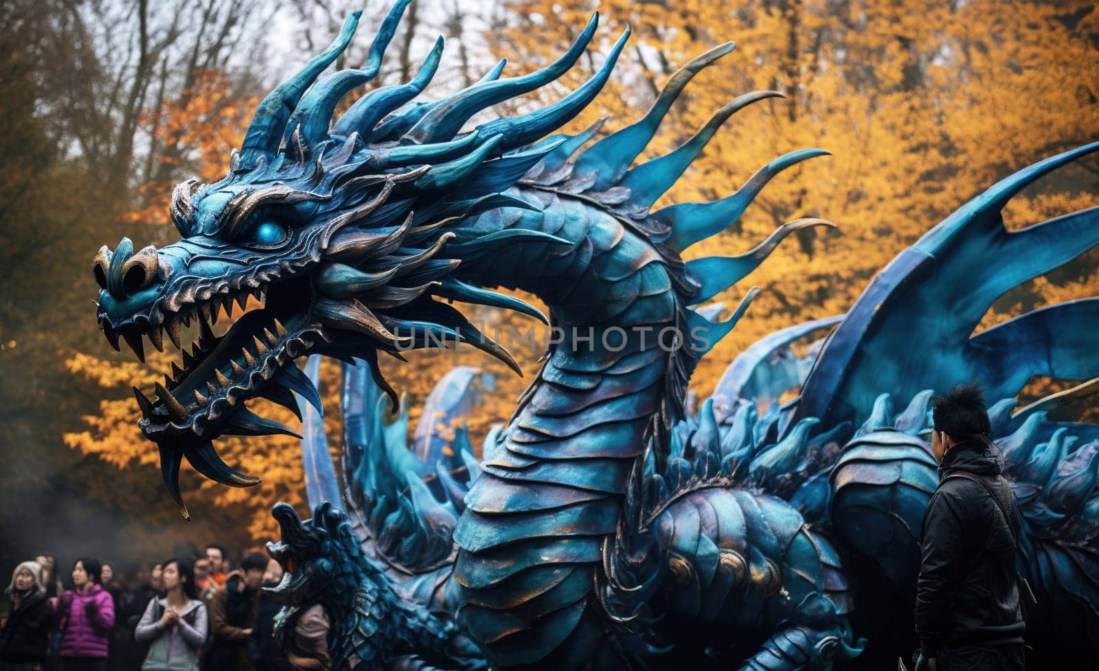 people tourists near the big blue dragon in the park, Chinese lunar calendar, festival of awakening the dragon bringing rain, Zhonghe blue dragon festival