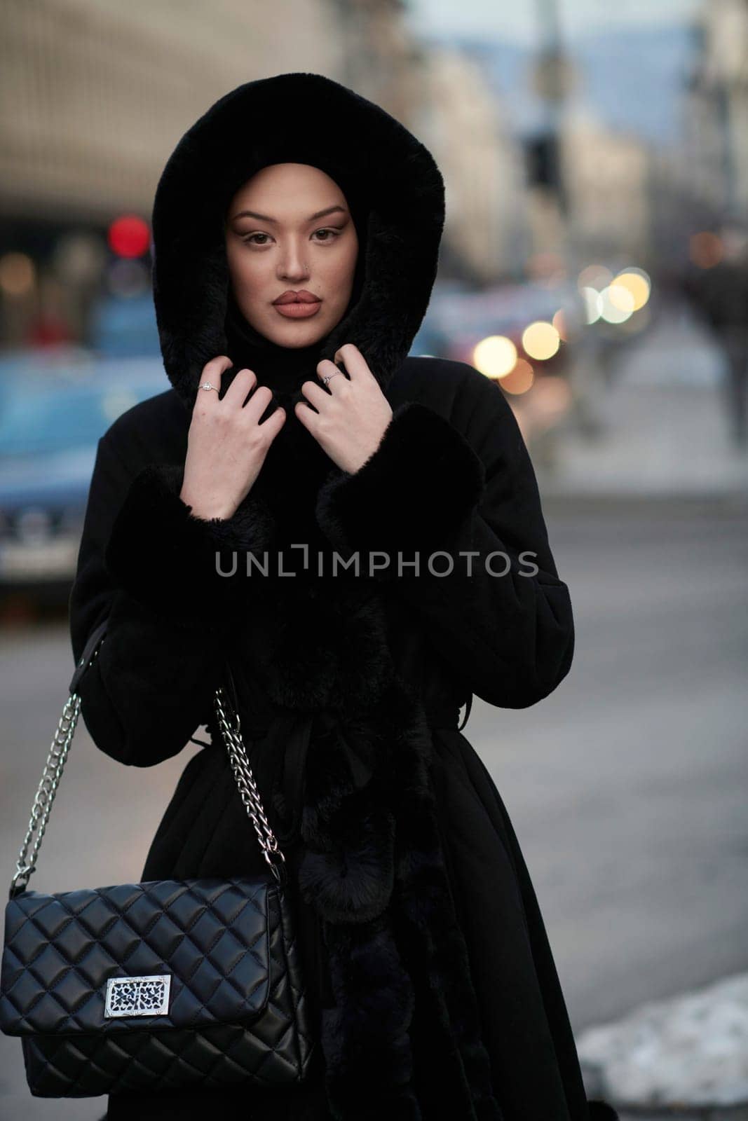 Muslim woman walking on an urban city street on a cold winter night wearing hijab with bokeh city lights in the background
