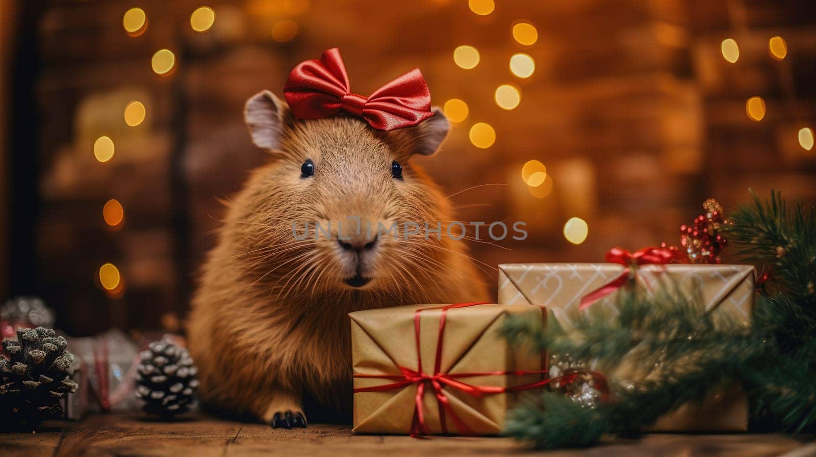 Guinea pig sits on a Christmas tree surrounded by boxes with gifts, celebrating the holiday in a family with their beloved pet, High quality photo