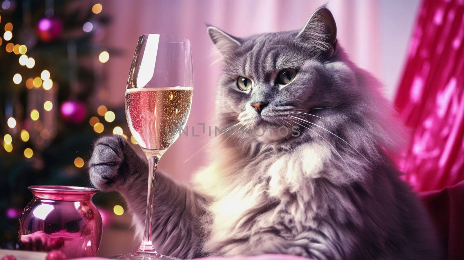 fluffy gray cat celebrates New year in a pink interior, it drinks champagne from glass, eastern calendar,funny humor, High quality photo