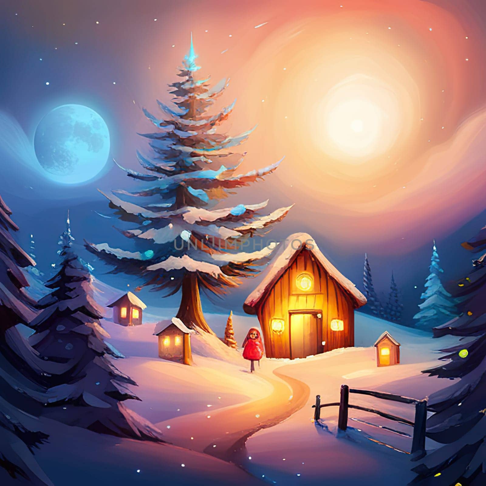 Christmas village with snow. Winter village landscape