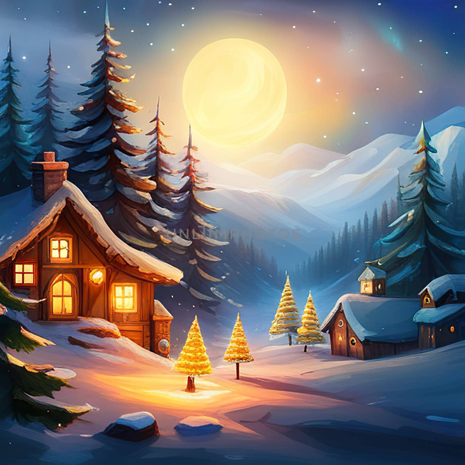 Christmas snowy night with houses and fir tree decoration by EkaterinaPereslavtseva