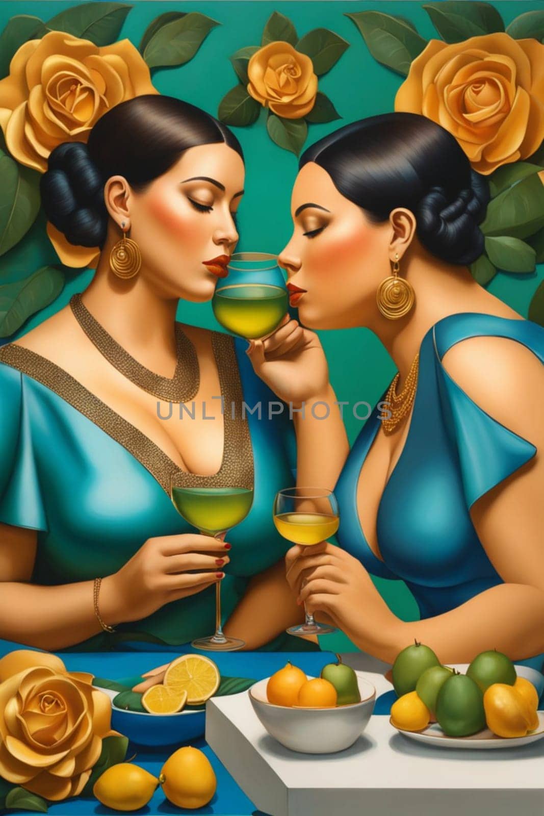 couple of modern empowered woman drink and eat, illustration , blue, copper and pastel tones by verbano