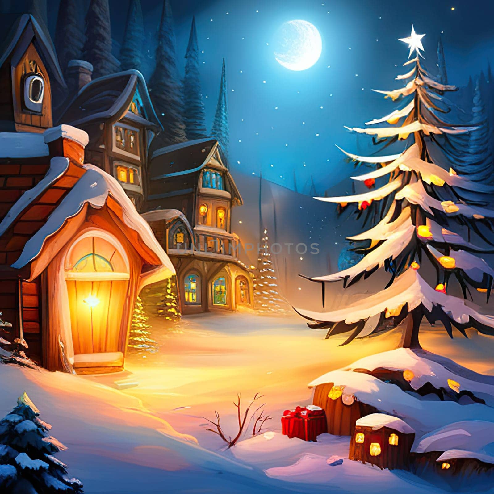 Christmas village with snow. Winter village landscape