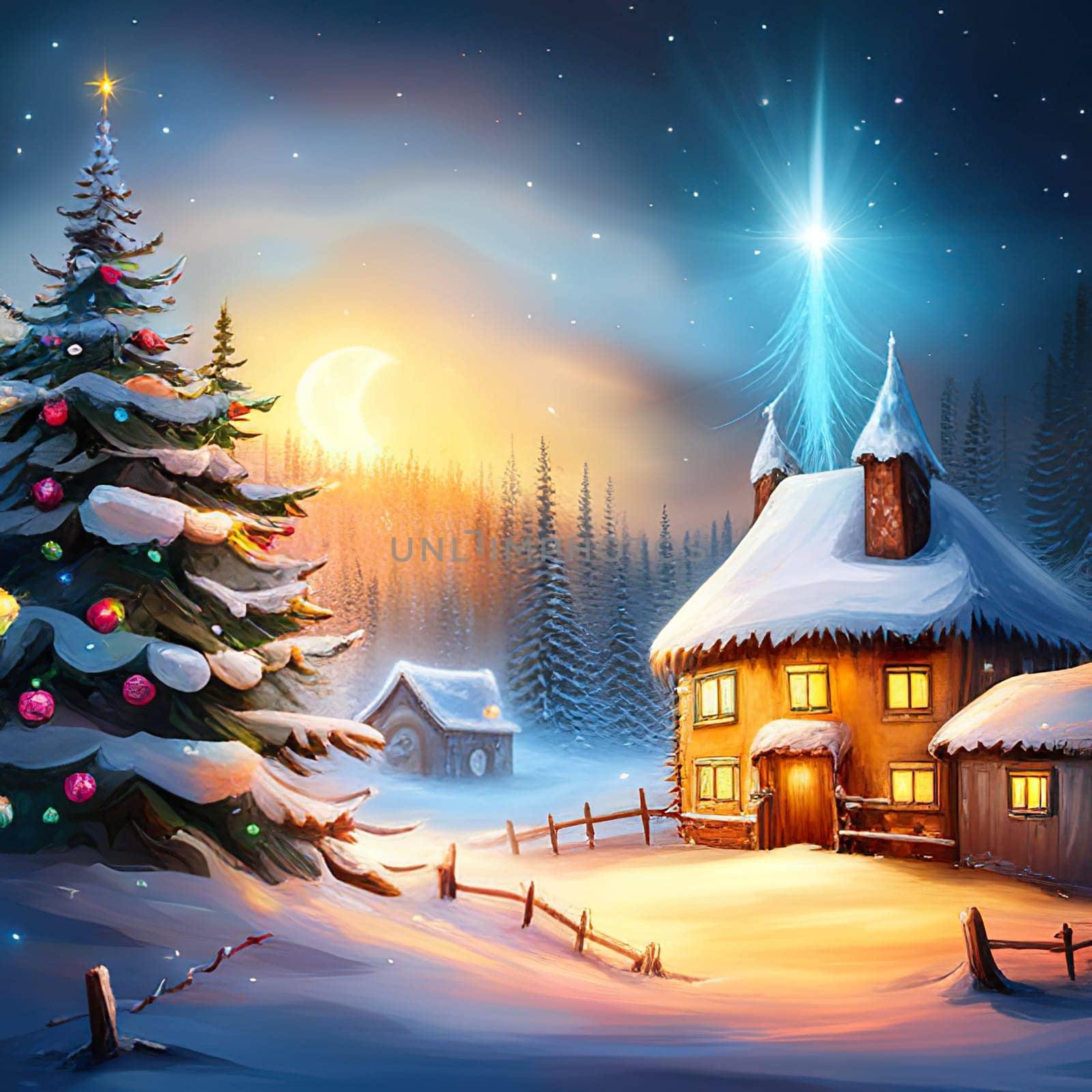 Merry Christmas and New Year holiday background with christmas tree and and winter village.