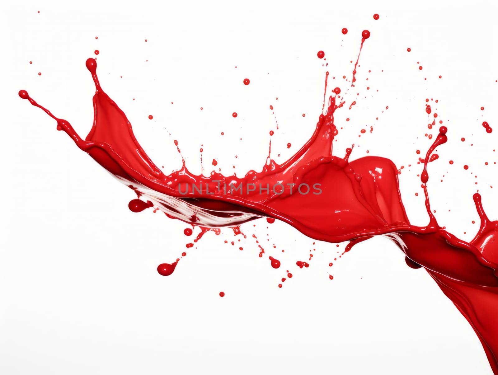 red paint splash on white background with drops and paint trail