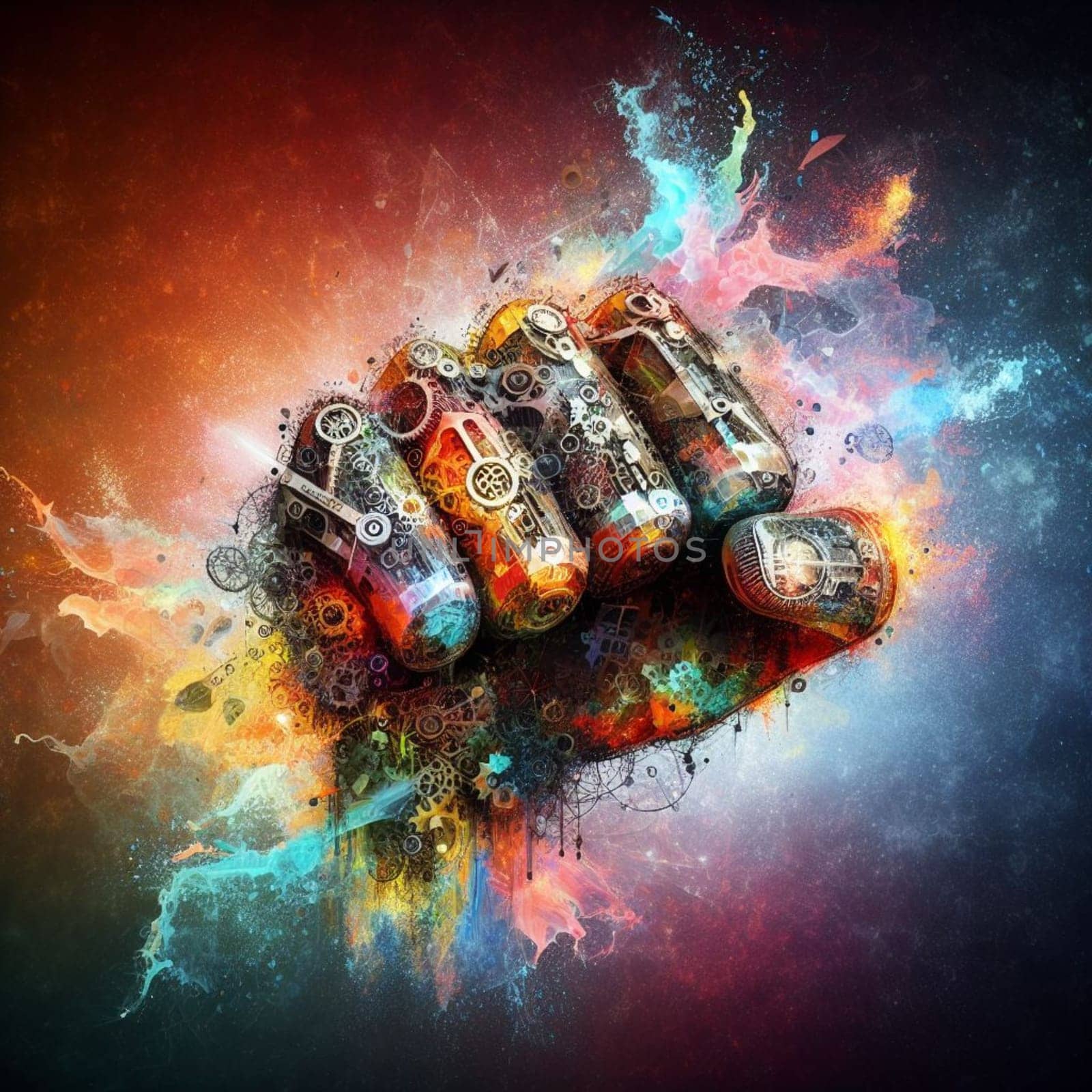 a color explosion of paint render a steampunk geared poly fist as fight for your rights concept by verbano