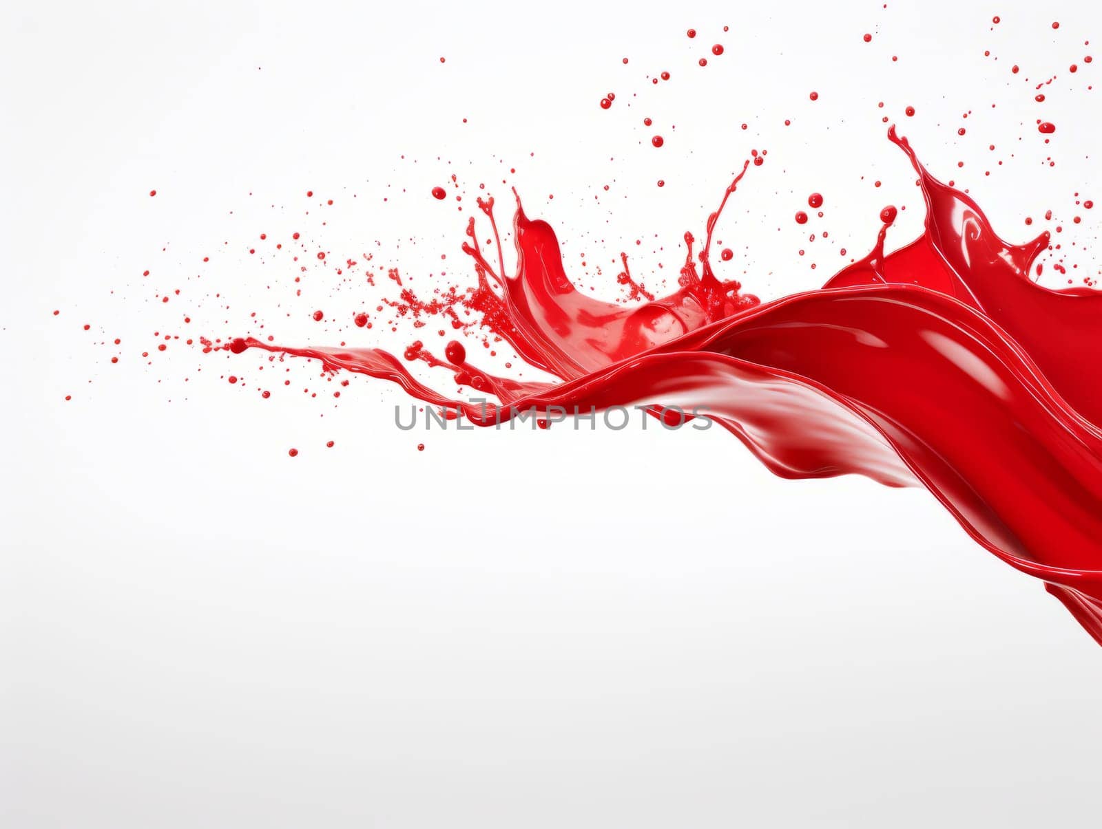 red paint splash on white background with drops and paint trail