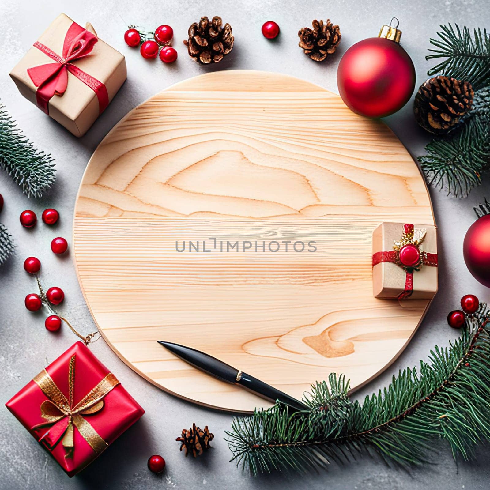 Trendy Christmas tree ornaments, gift boxes and pine branches on background . Minimal Concept of New Year's Flat lay.