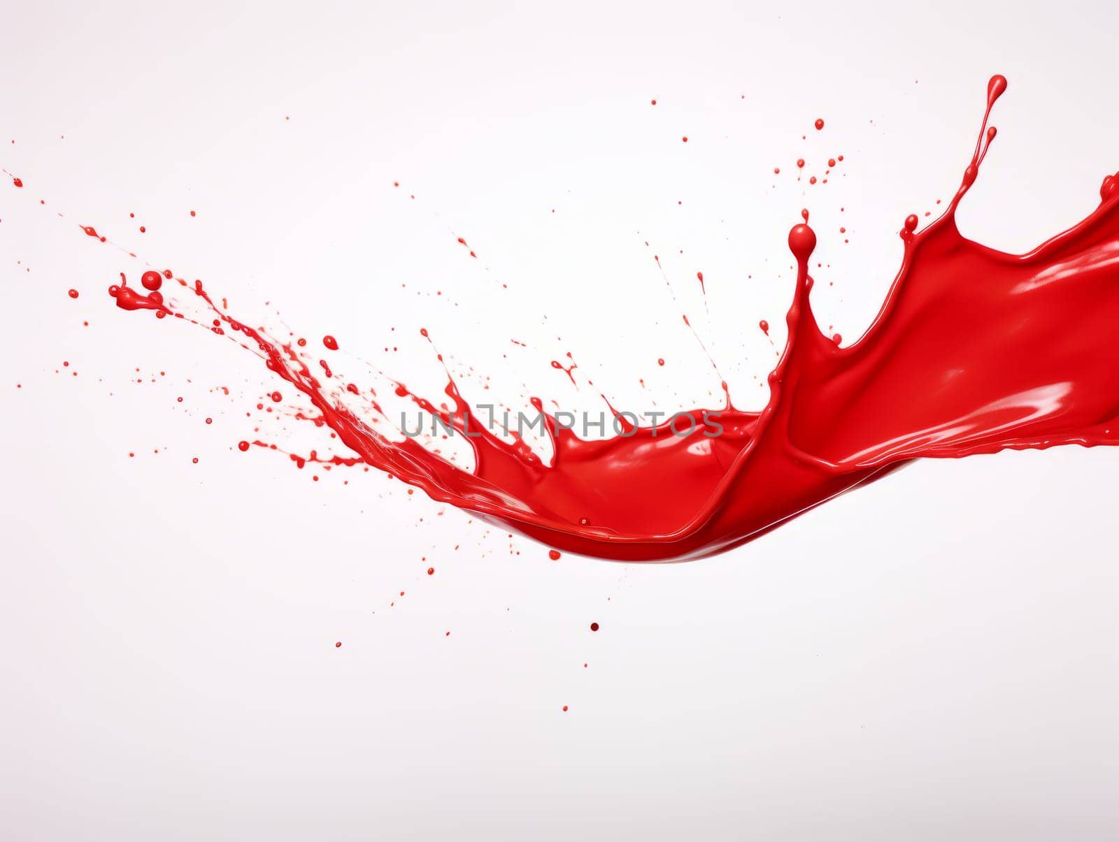 red paint splash on white background with drops and paint trail