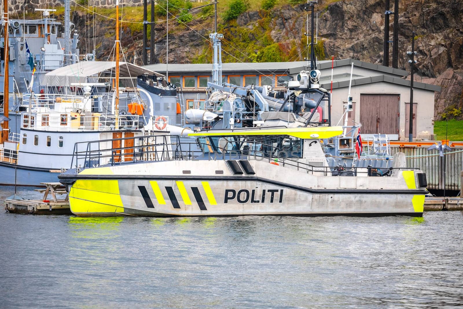 Norway maritime police boat in Oslo harbor view, archipelago of Norway