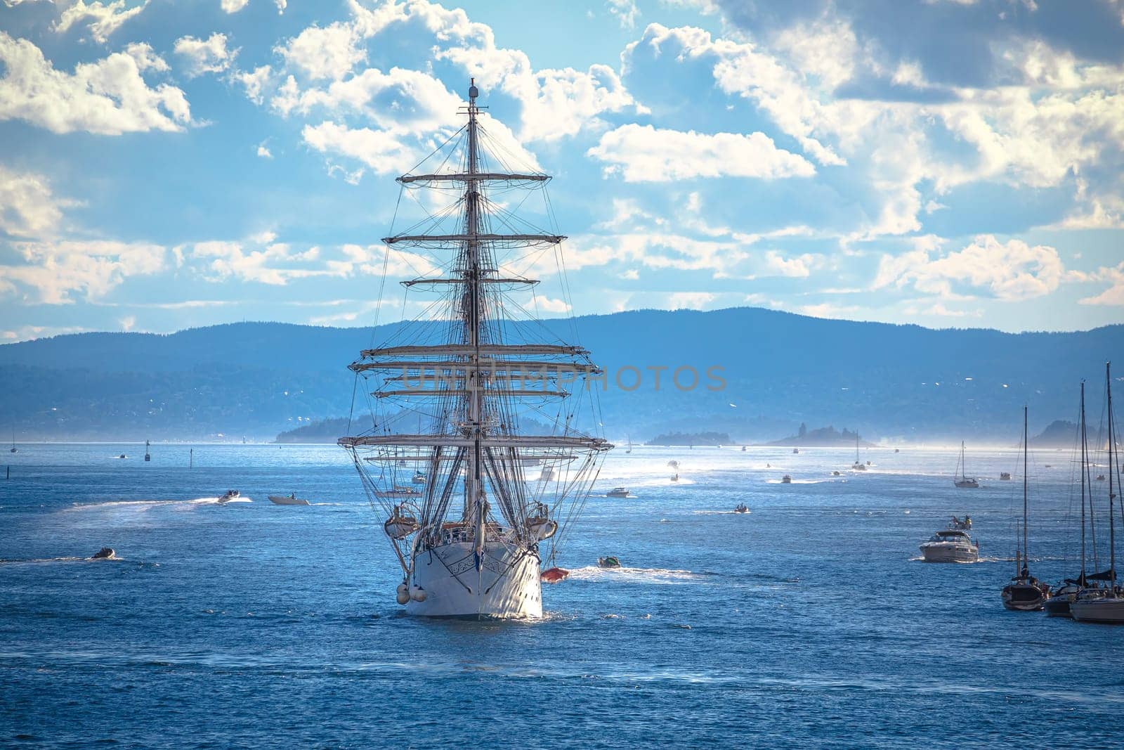 Historic sailboat in Oslofjord summer view, Oslo archipelago, capital of Norway
