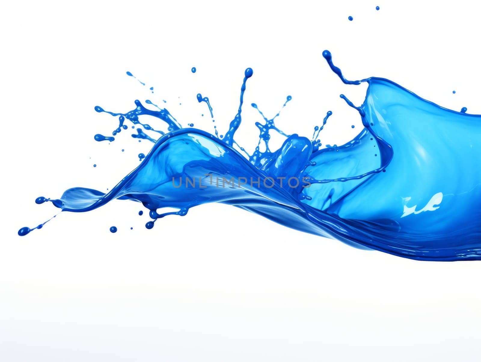 blue paint splash on white background with drops and paint trail