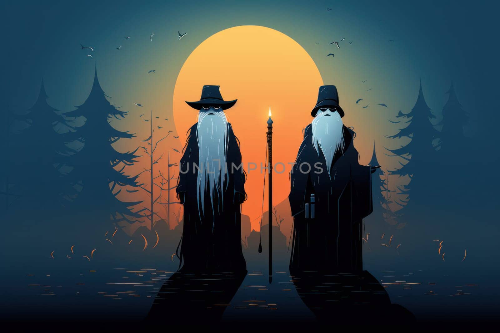 A mesmerizing portrayal of venerable and formidable wizards, exuding wisdom as they masterfully cast intricate arcane spells, wielding ancient staffs adorned with mystic runes.