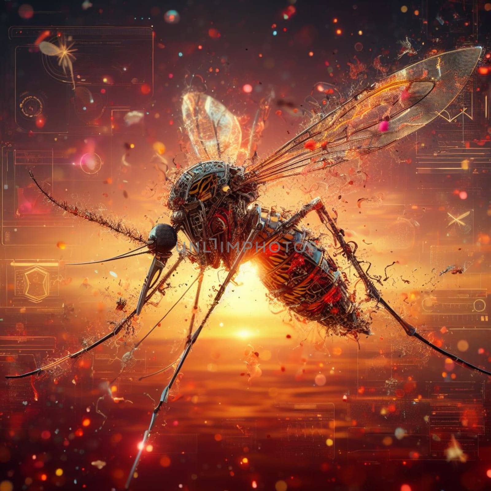 genetically modified macro closeup of nano robot engineered weapon mosquito in action concept design by verbano