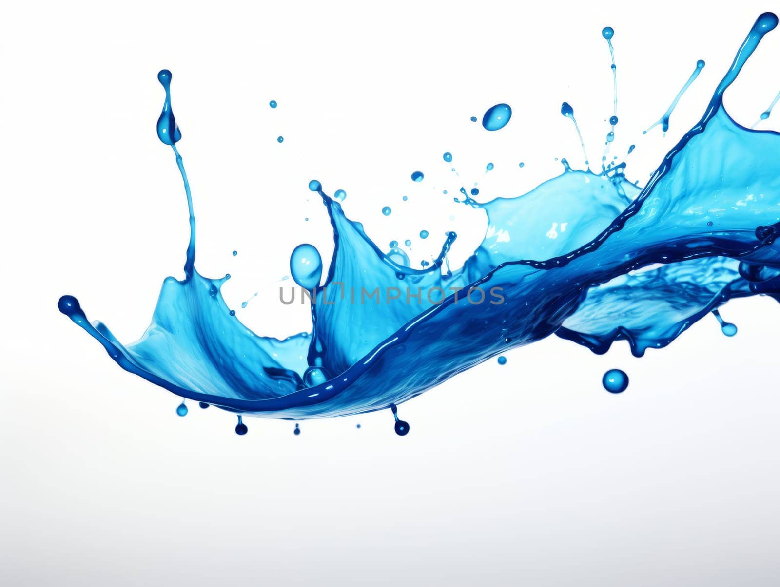 blue paint splash on white background with drops and paint trail