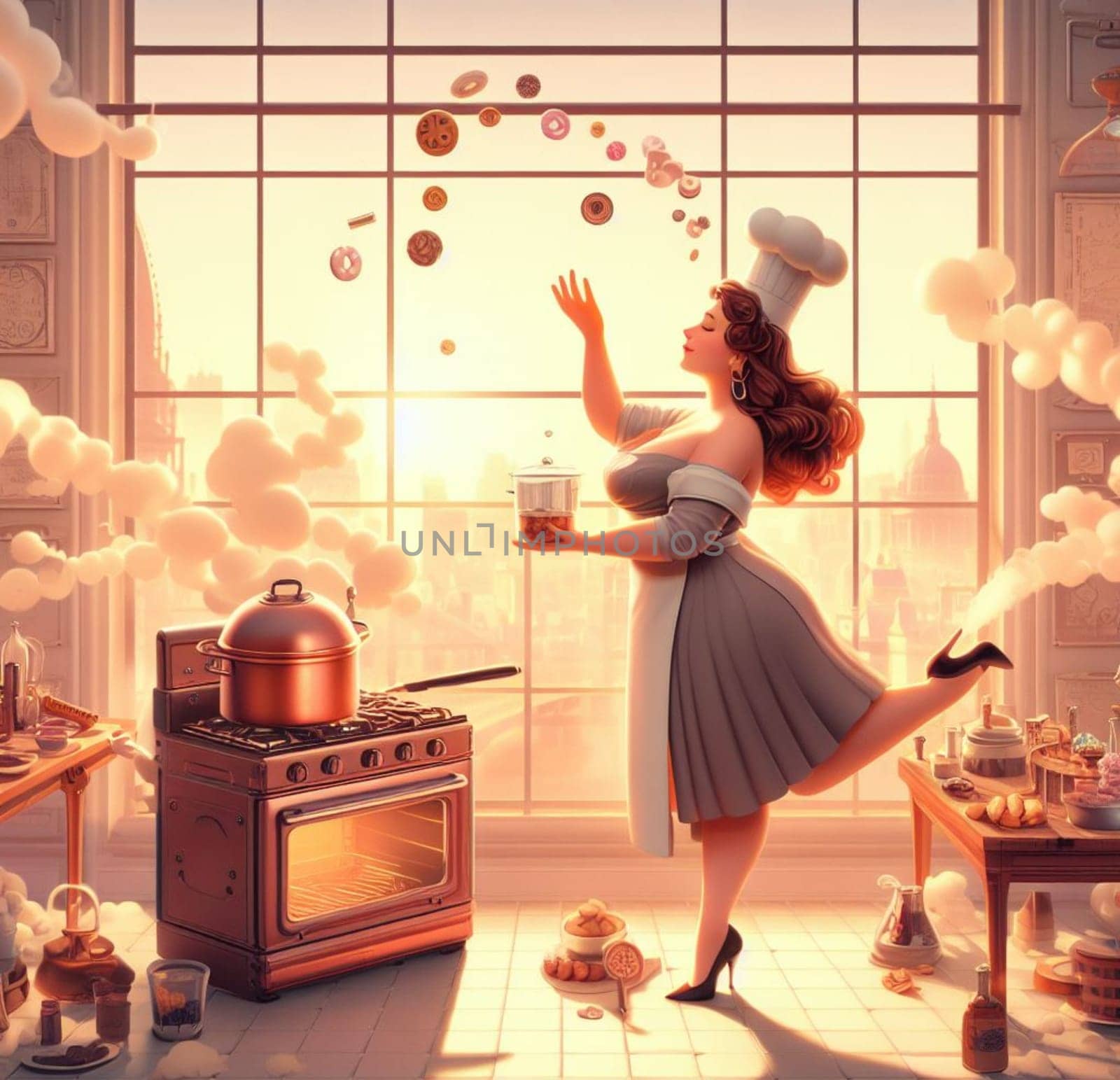 glamourous chef in steampunk kitchen with windiwn natural light cooking posing dancing singing illustration generative ai art