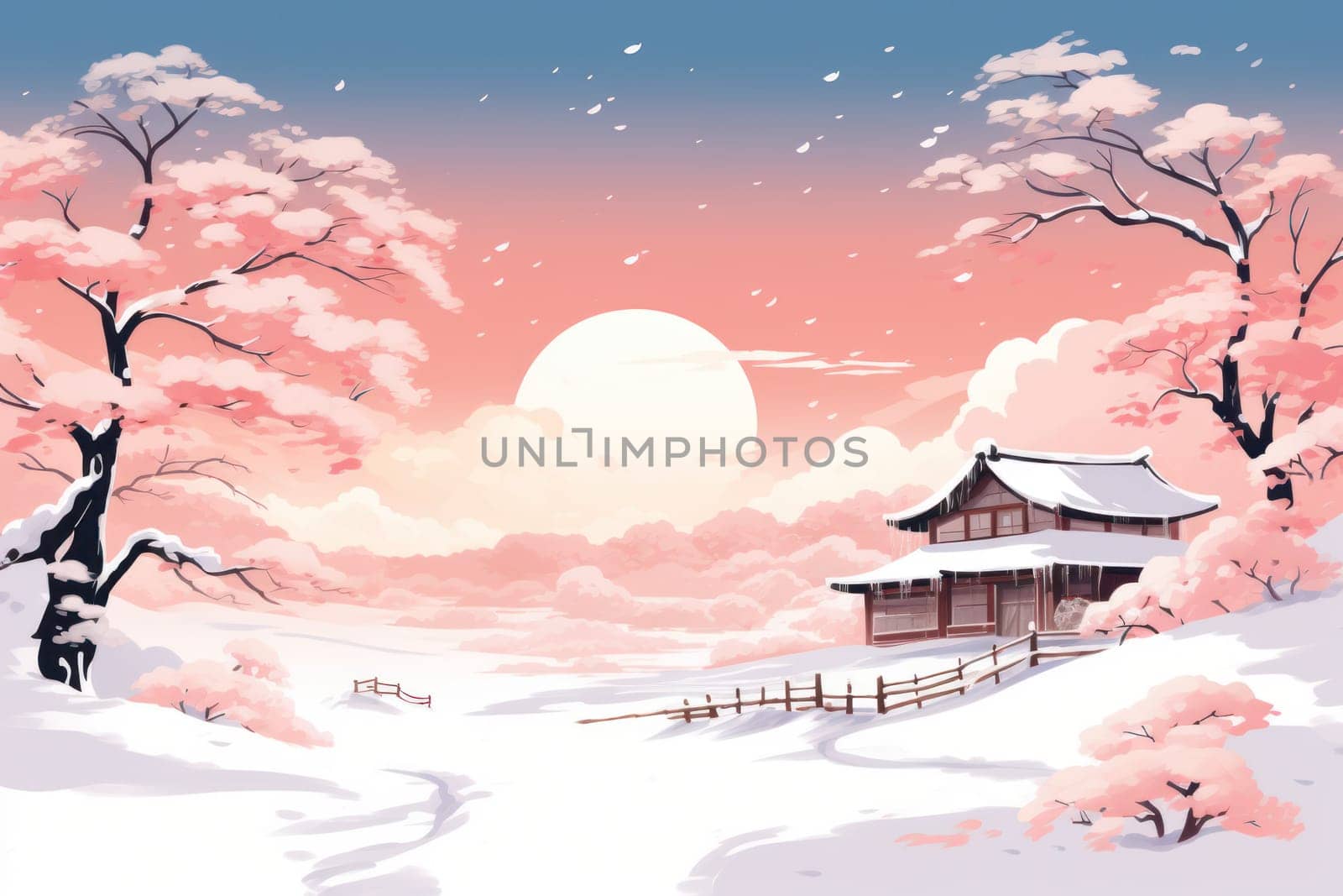 An exquisite winter composition, expertly capturing the tranquil allure of recently fallen snow draping over trees, landscapes, and architectural structures.