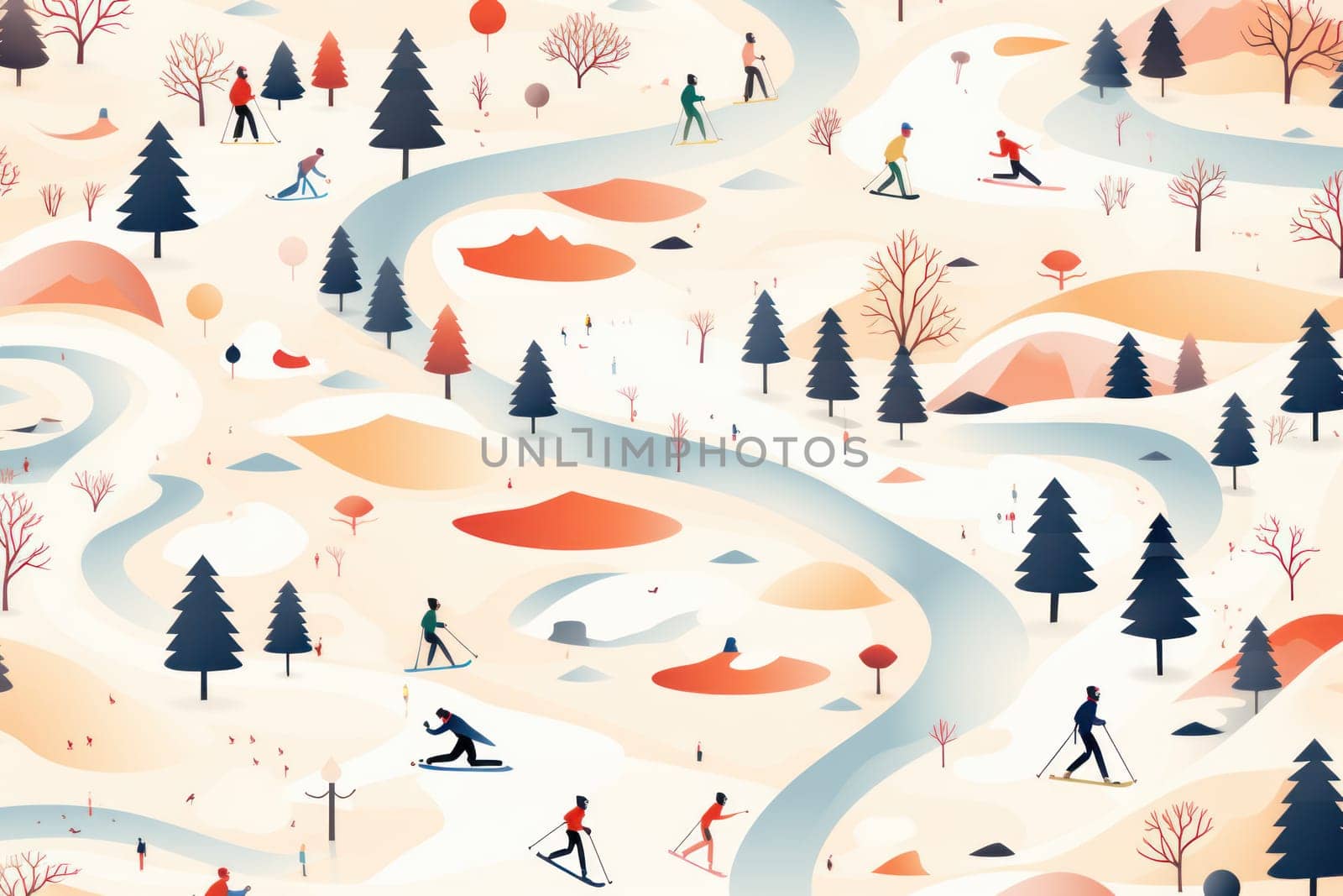 A dynamic portrayal of the exhilarating winter season, featuring individuals engaged in a range of invigorating activities such as skiing, snowboarding, and ice skating.