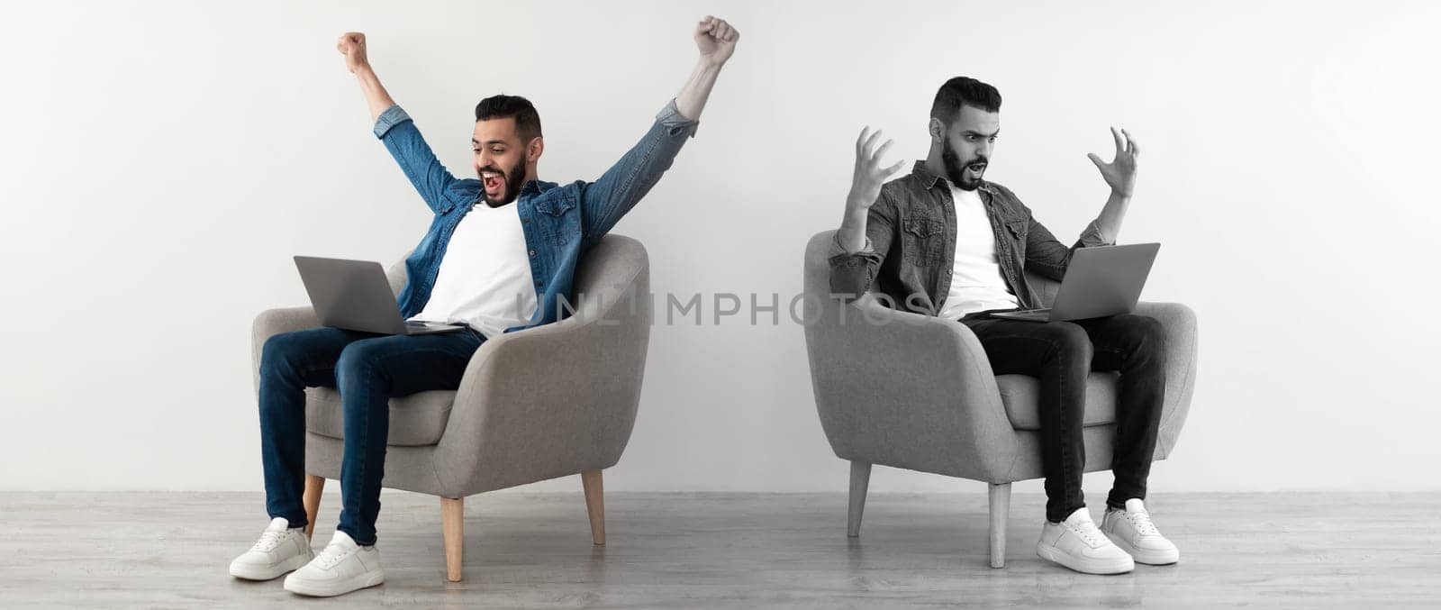 Glad, unhappy millennial arab man suffer from loss, stress, sit on armchair with laptop on white and gray background, panorama. Mental problems, negative emotions, lifestyle and win online