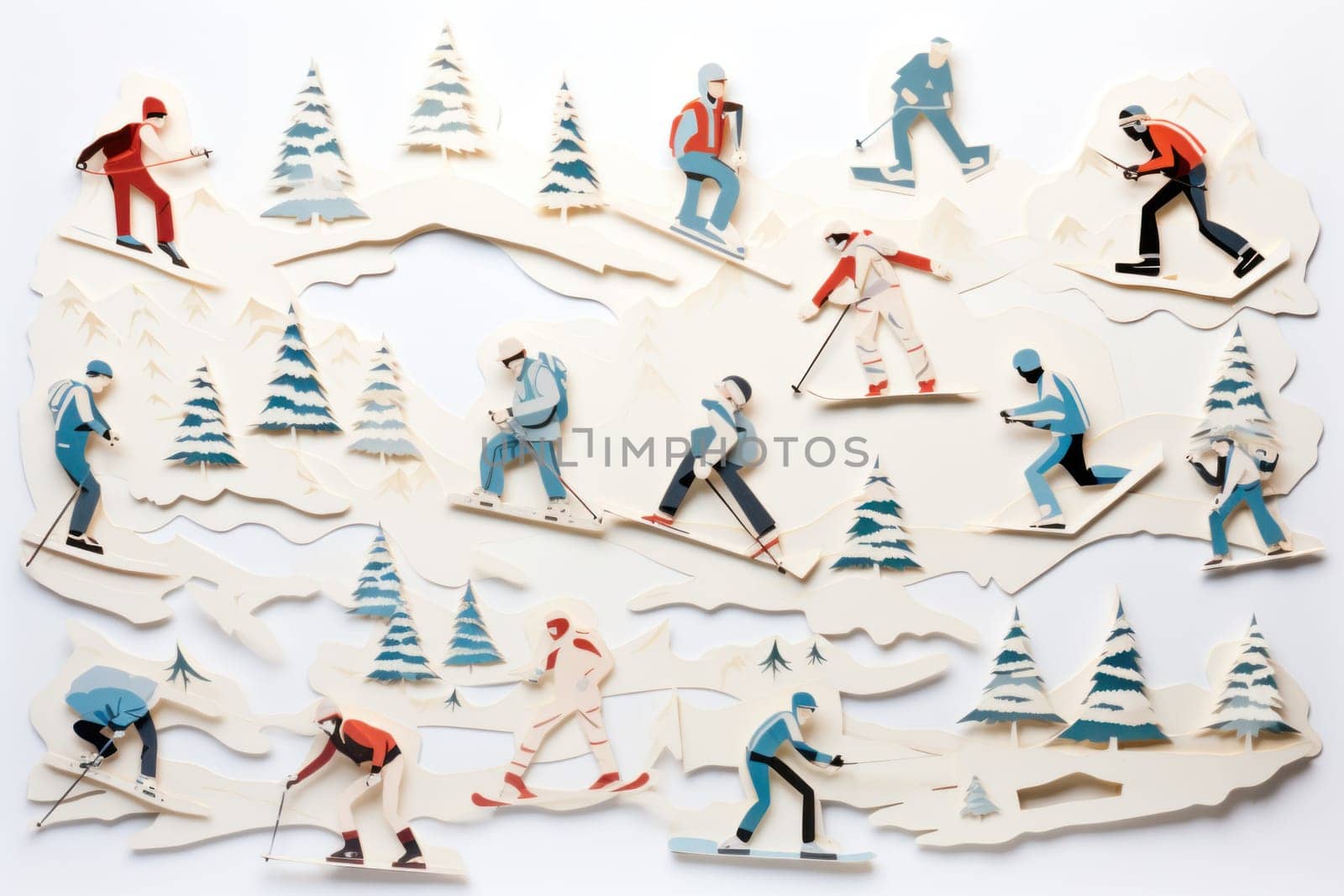 A dynamic portrayal of the exhilarating winter season, featuring individuals engaged in a range of invigorating activities such as skiing, snowboarding, and ice skating.