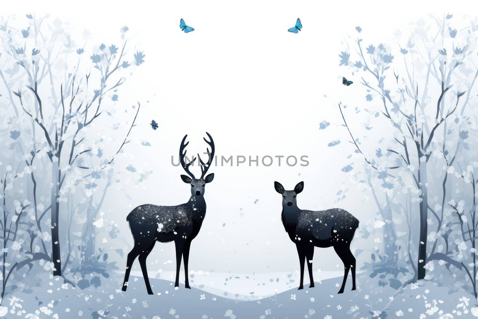 An enchanting winter tableau, showcasing the grace and resilience of wildlife, including deer, birds, and squirrels, in their natural habitats during the frosty season.
